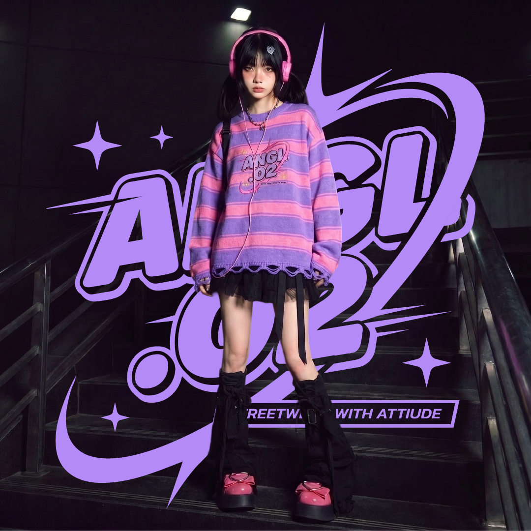 นางแบบสวมเสื้อไหมพรมลาย ANGL.02 บนบันได พร้อมกราฟิกโลโก้ขนาดใหญ่