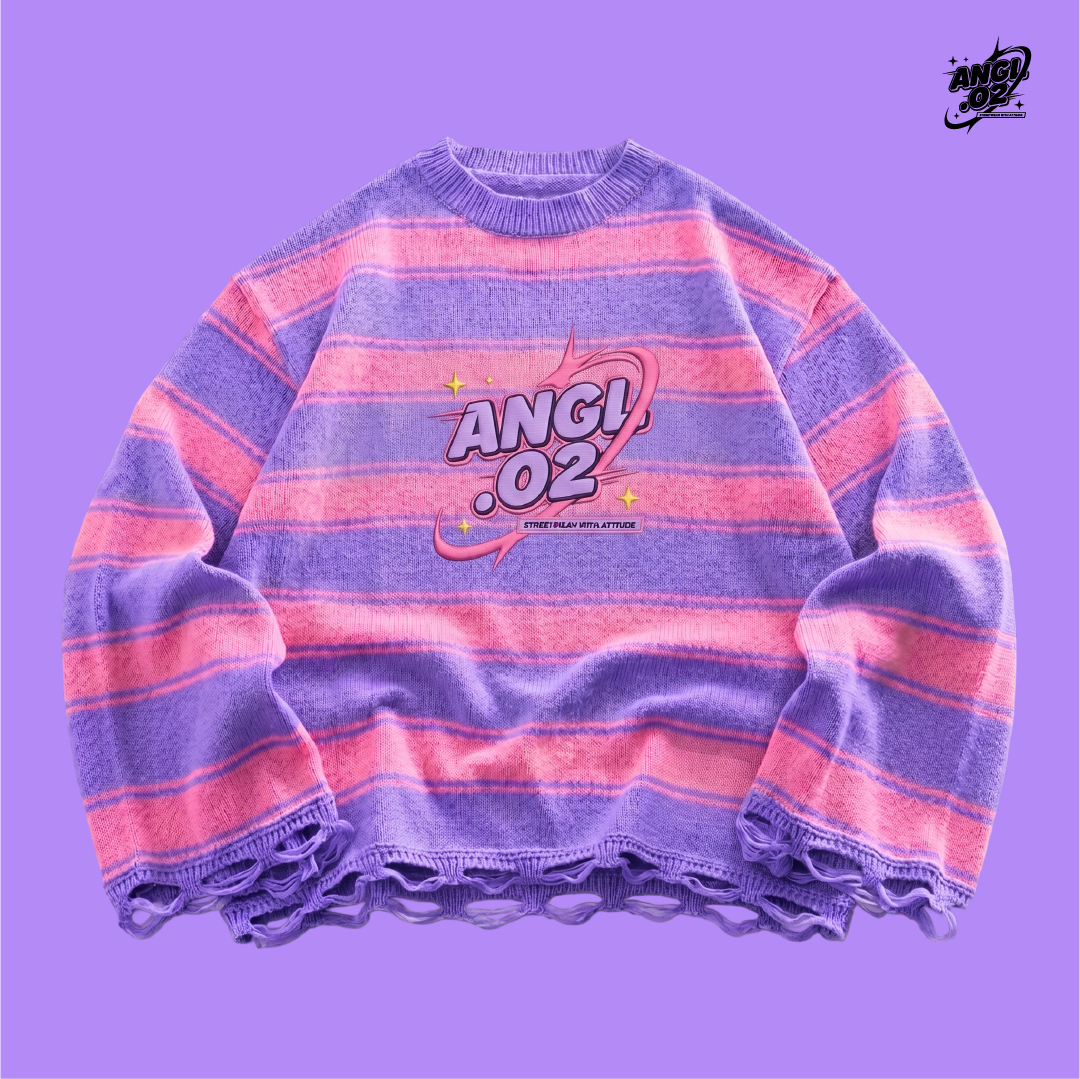 เสื้อไหมพรมลายทางสีม่วง-ชมพูปักโลโก้ ANGL.02