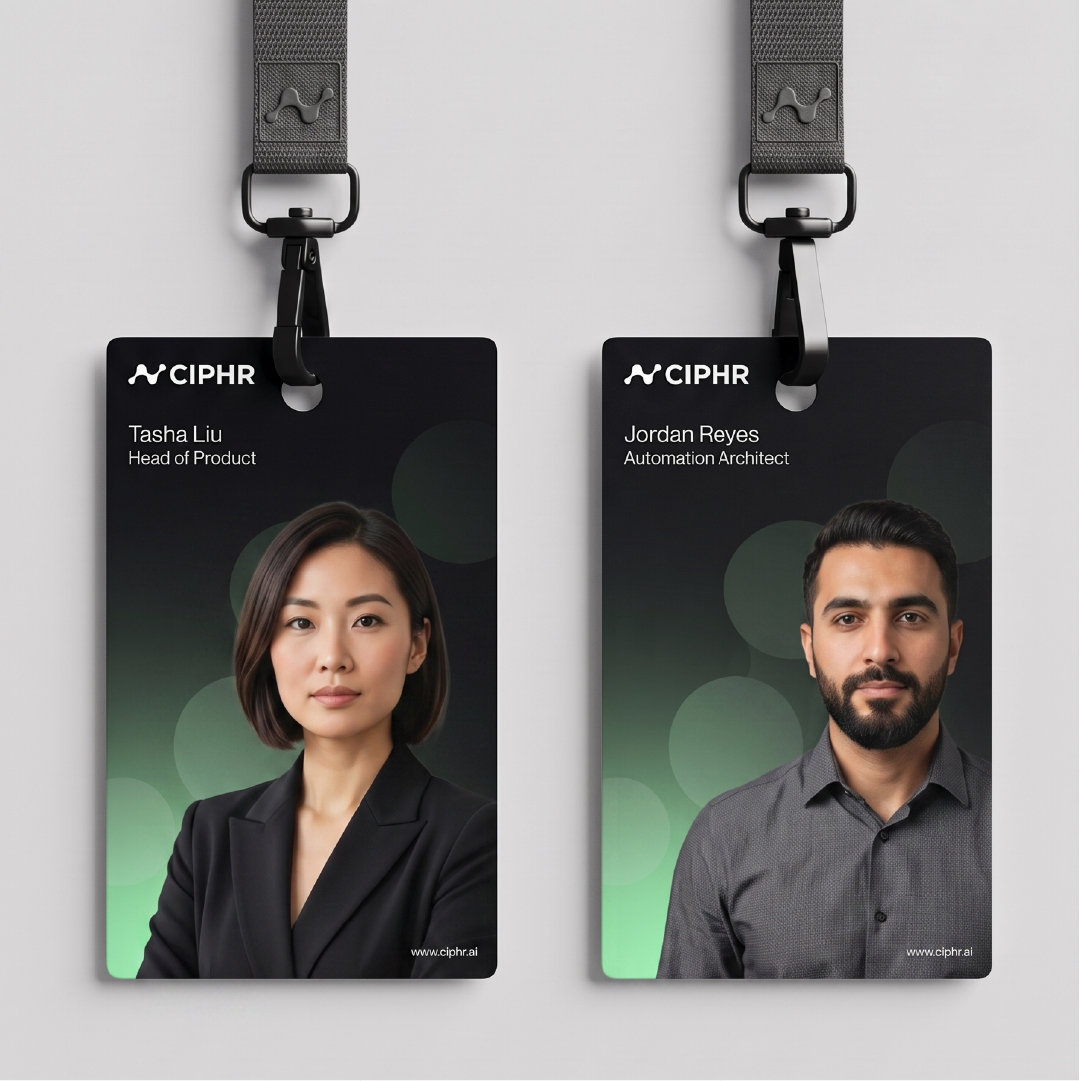 บัตรพนักงาน CIPHR สองใบพร้อมสายคล้องคอ