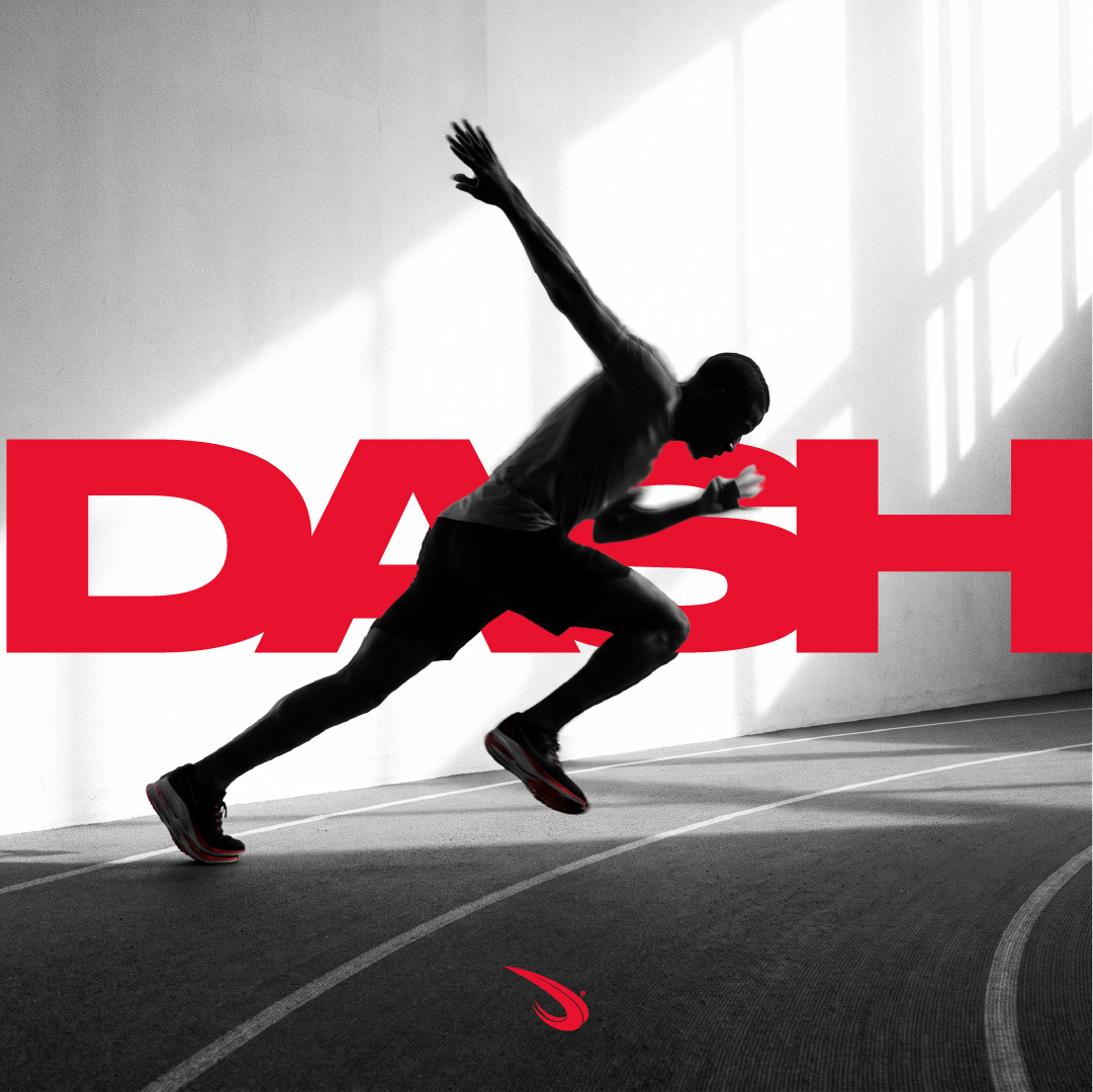 นักวิ่งกำลังออกตัวพร้อมตัวอักษร DASH สีแดง