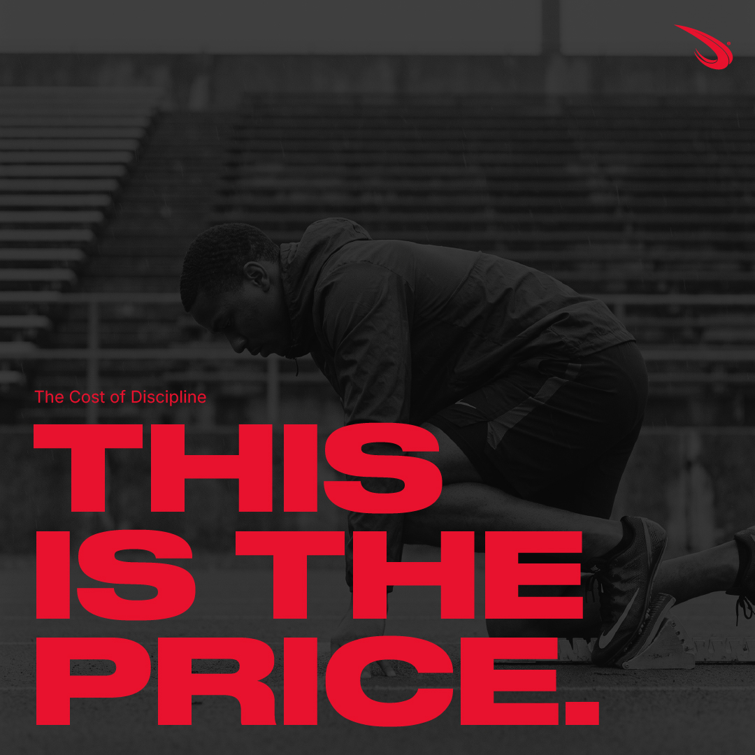 ภาพนักวิ่งพักบนสนามพร้อมข้อความ This Is The Price