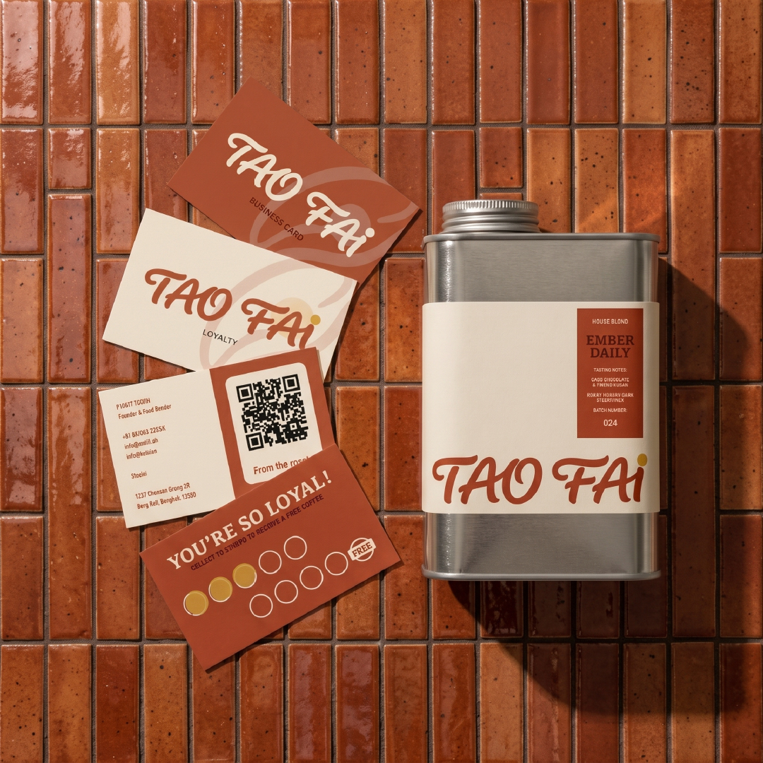 นามบัตร บัตรสะสมแต้ม และกระป๋องกาแฟ TAO FAI บนผนังกระเบื้องดินเผา