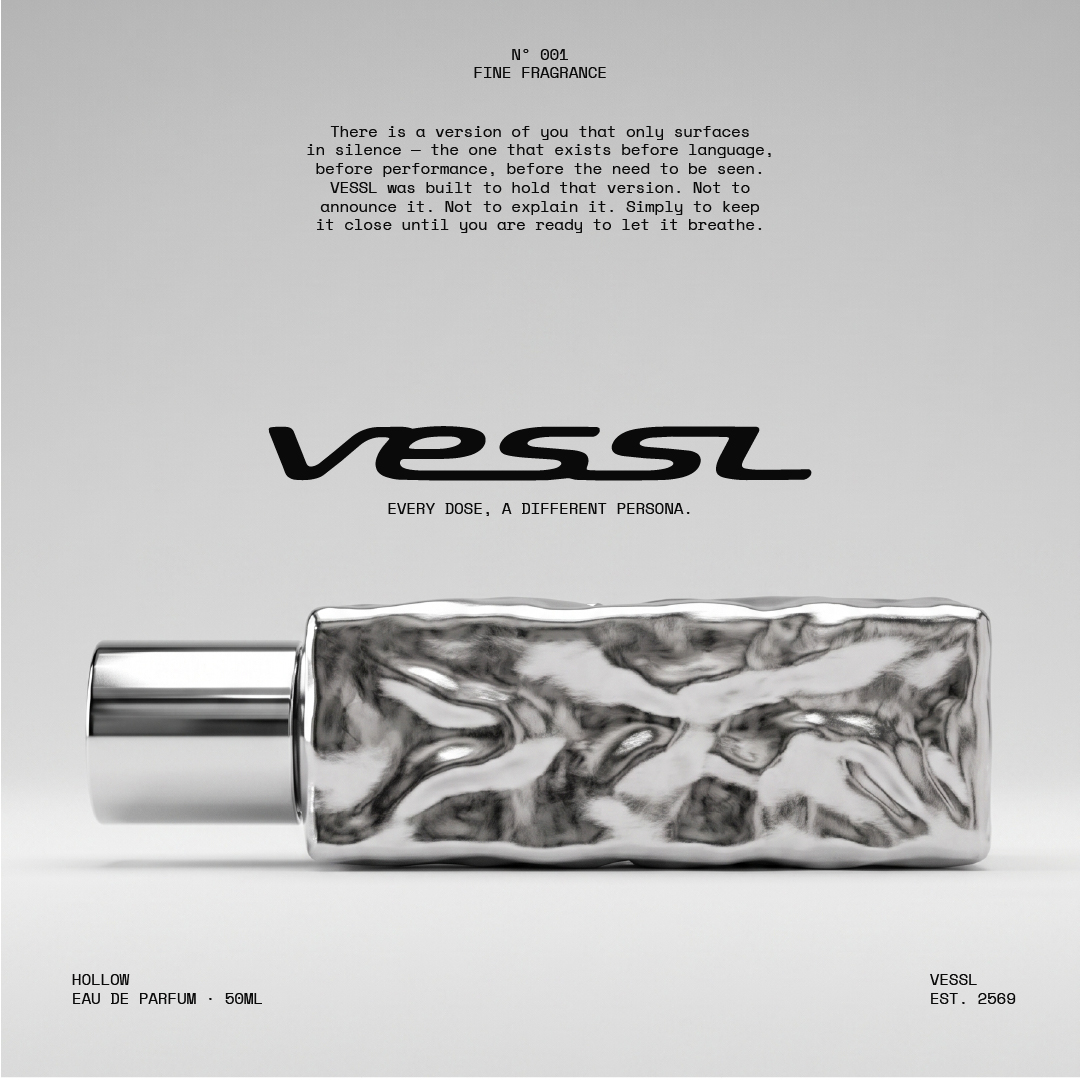 ภาพจัดวางขวดน้ำหอม VESSL และข้อความแบรนด์